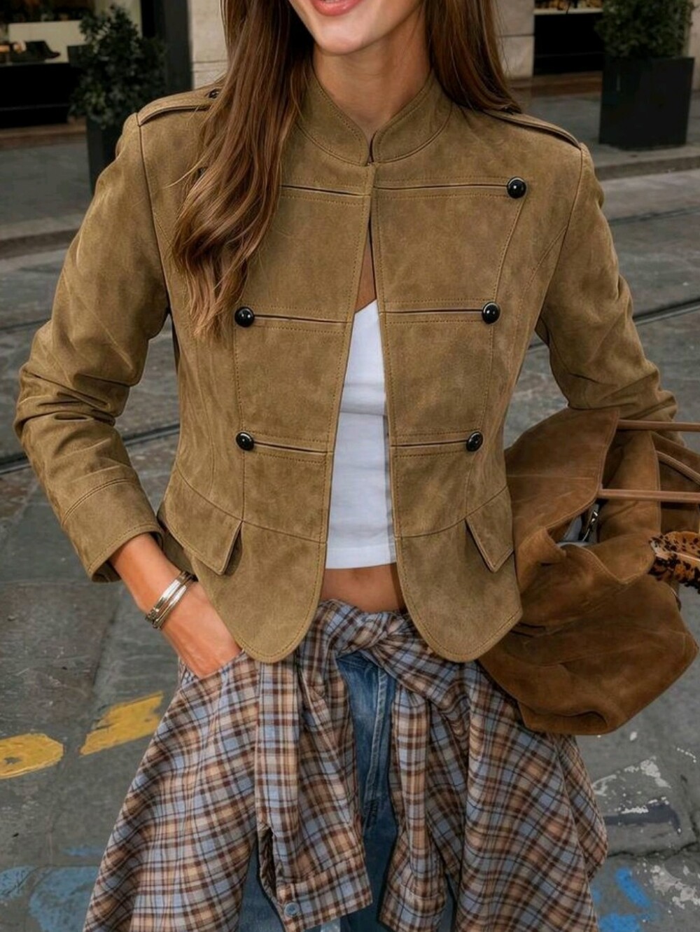 Women's Button-Up Short Jacket, Brown Stand Collar Vintage Style, French Chic